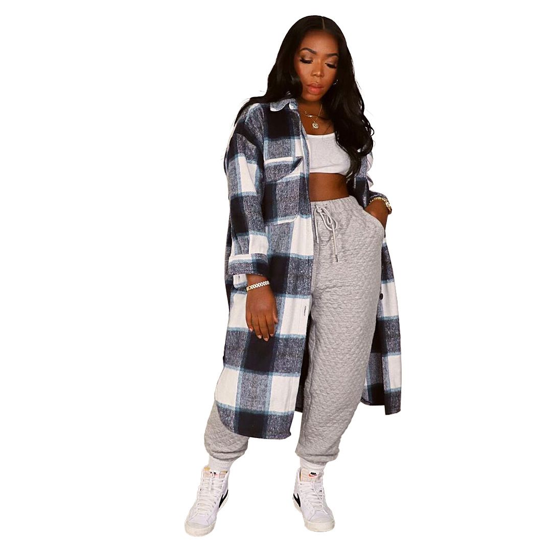 Women Nightclub Clothes Woolen Woolen Pocket Plaid Long Shirt Jacket Women's Fashion Clothing Checkered Long Coat