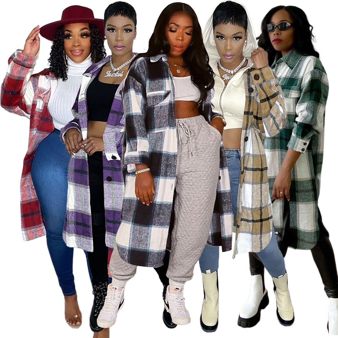 Women Nightclub Clothes Woolen Woolen Pocket Plaid Long Shirt Jacket Women's Fashion Clothing Checkered Long Coat