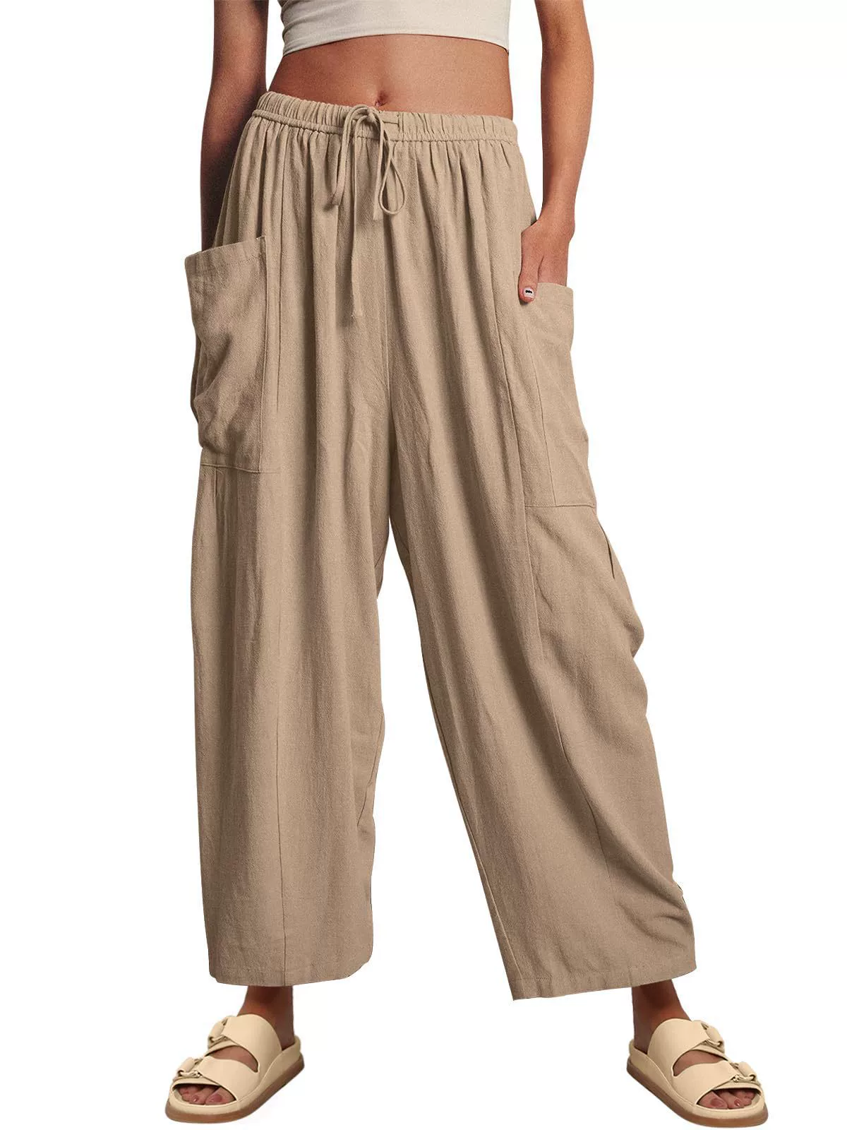 Women's Wide Leg Linen Pants Middle Waist Summer Baggy Pants Harlan Pants Vintage Casual Loose Trousers