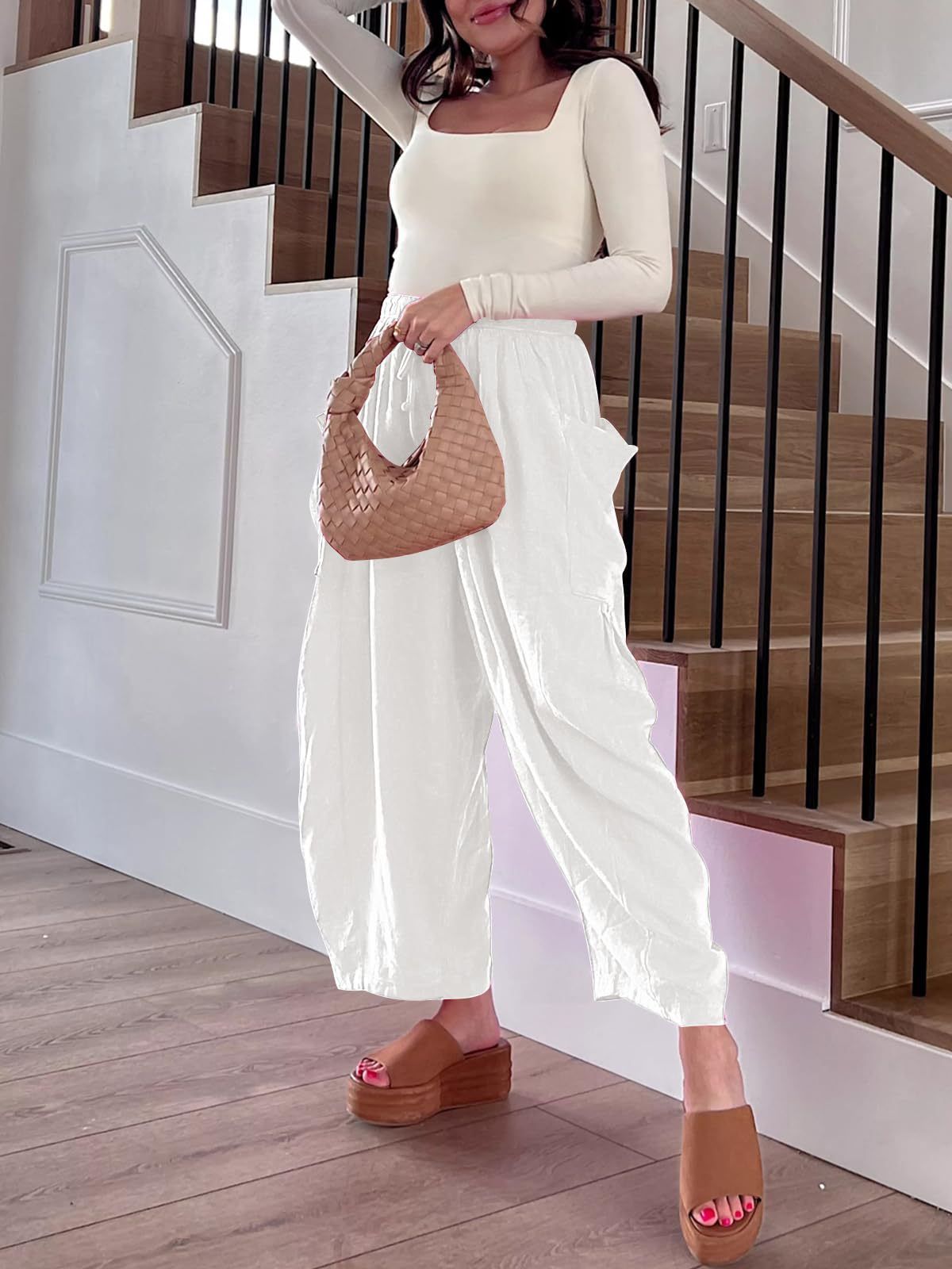 Women's Wide Leg Linen Pants Middle Waist Summer Baggy Pants Harlan Pants Vintage Casual Loose Trousers