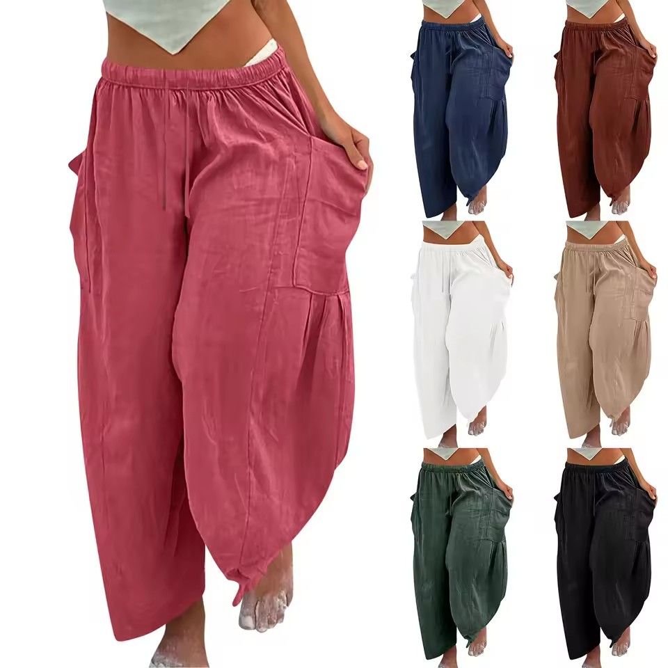 Women's Wide Leg Linen Pants Middle Waist Summer Baggy Pants Harlan Pants Vintage Casual Loose Trousers
