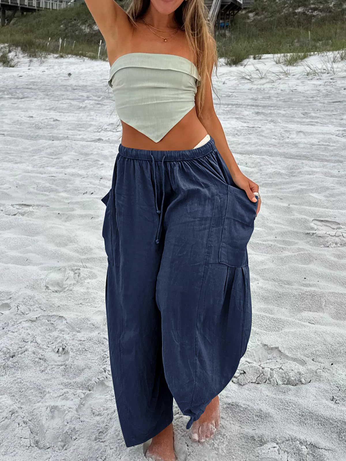 Women's Wide Leg Linen Pants Middle Waist Summer Baggy Pants Harlan Pants Vintage Casual Loose Trousers