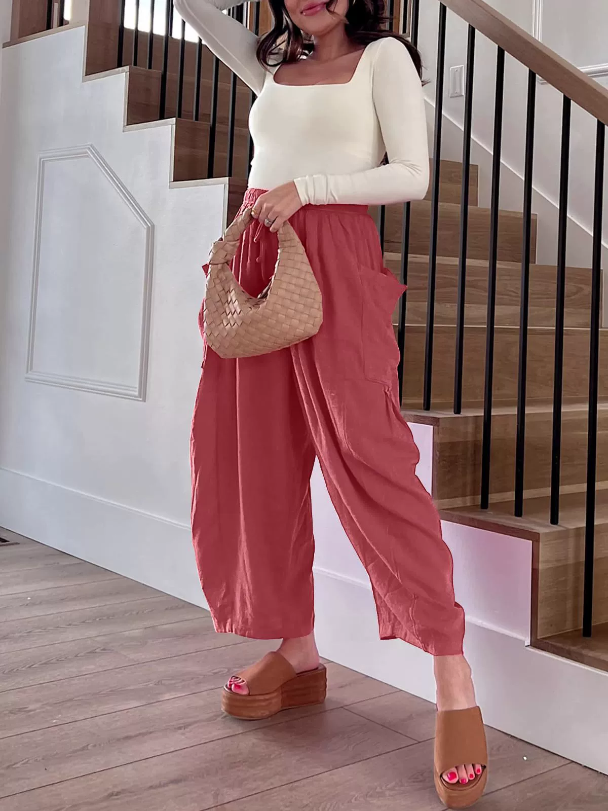Women's Wide Leg Linen Pants Middle Waist Summer Baggy Pants Harlan Pants Vintage Casual Loose Trousers