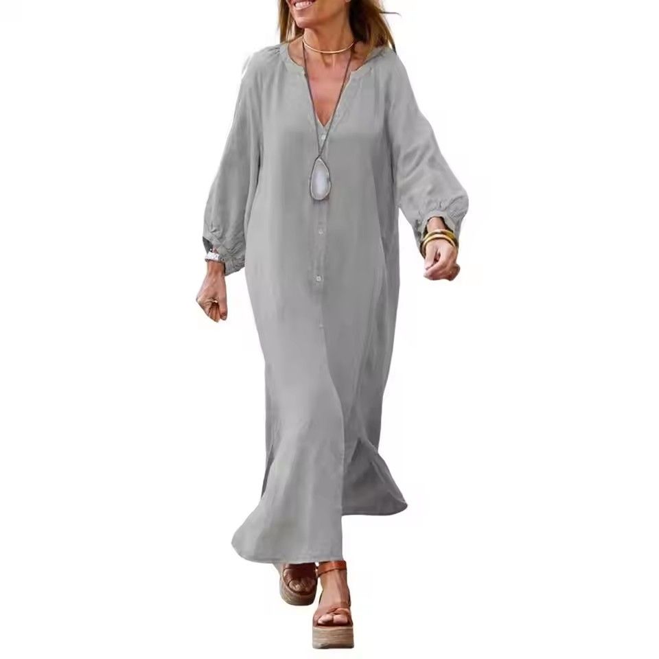 Retro Women Loose Blouse Cotton And Linen Dress Summer Female Beach Sand Three Quarter Sleeve Button Baggy Maxi Long Dresses New