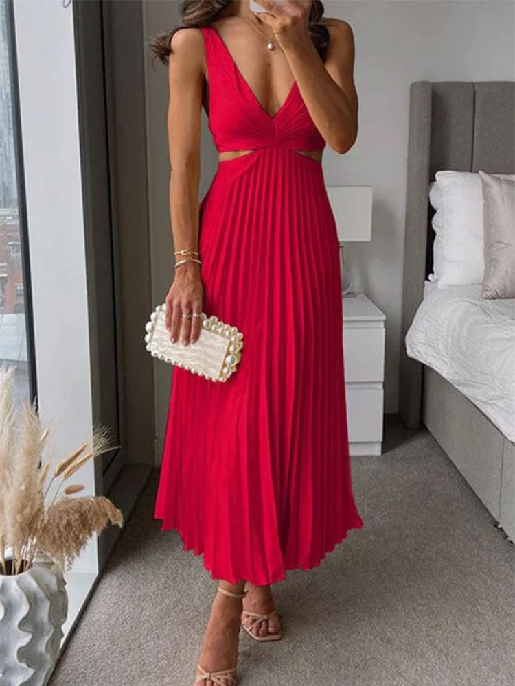 Elegant Women's V-neck Sexy Hollow Out Backless Pleated Dress Summer Fashion Yellow Sleeveless Party Beach Style Maxi Vestidos