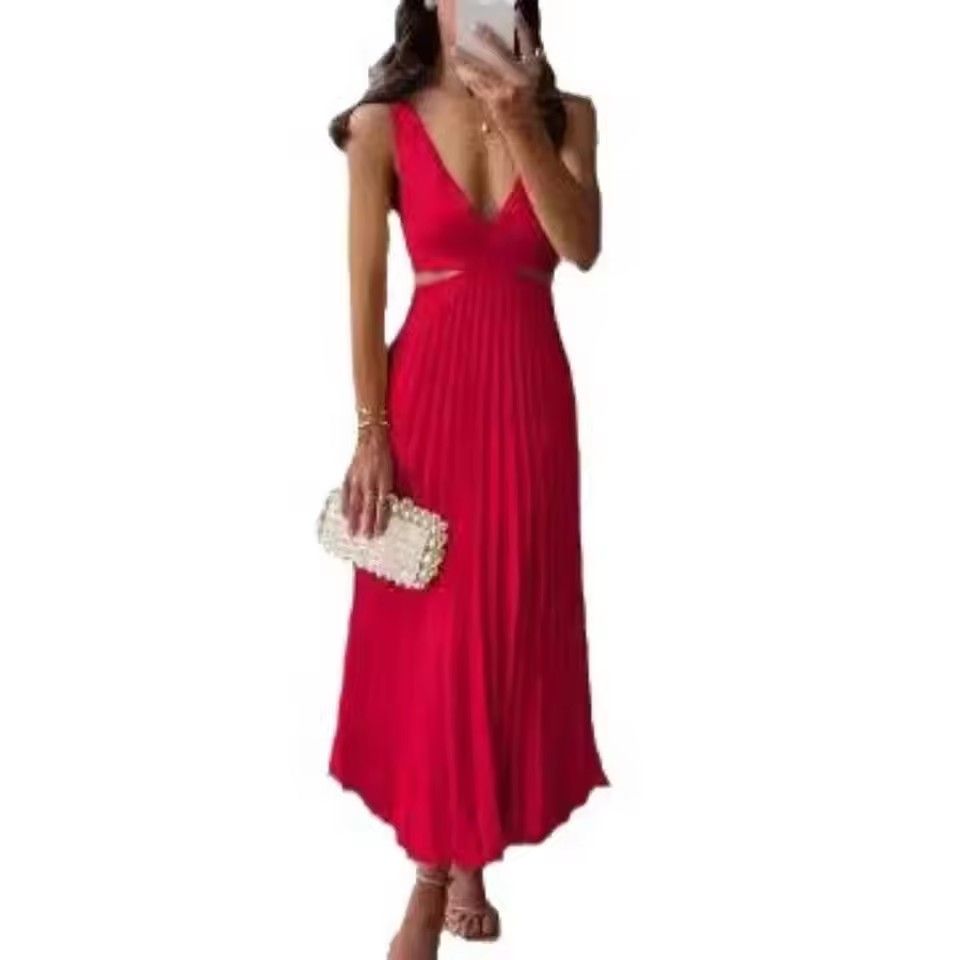 Elegant Women's V-neck Sexy Hollow Out Backless Pleated Dress Summer Fashion Yellow Sleeveless Party Beach Style Maxi Vestidos