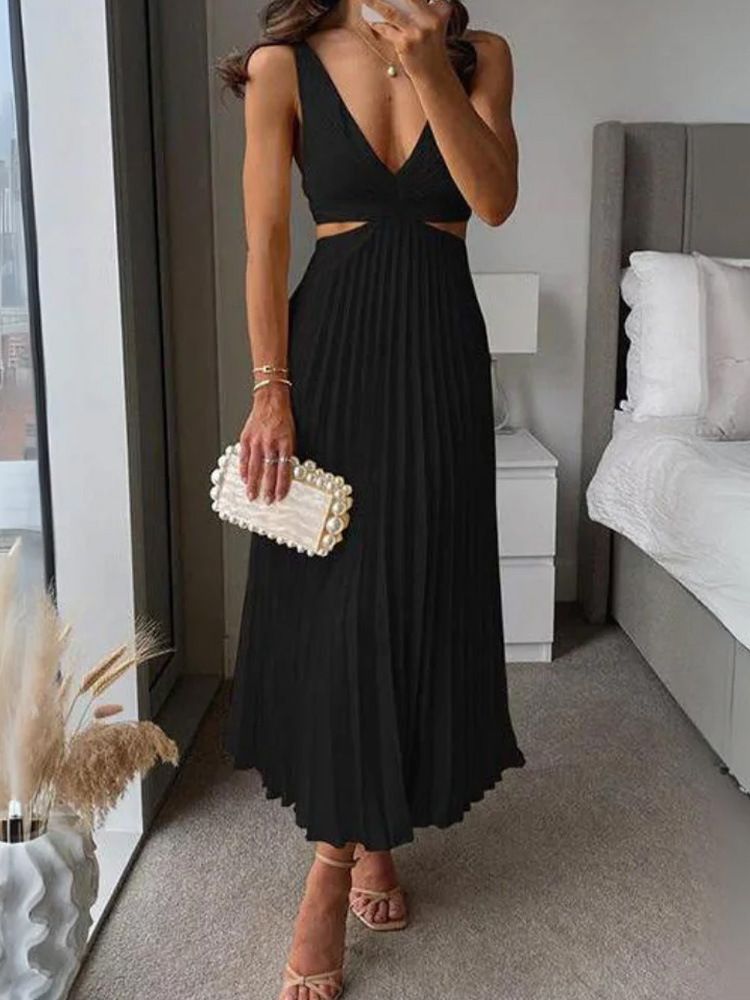Elegant Women's V-neck Sexy Hollow Out Backless Pleated Dress Summer Fashion Yellow Sleeveless Party Beach Style Maxi Vestidos