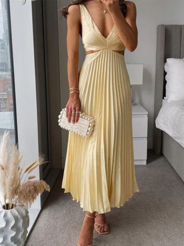 Elegant Women's V-neck Sexy Hollow Out Backless Pleated Dress Summer Fashion Yellow Sleeveless Party Beach Style Maxi Vestidos