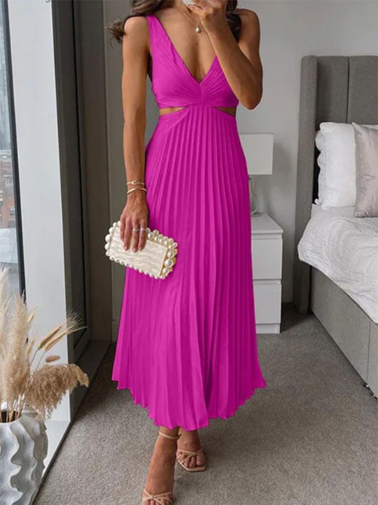 Elegant Women's V-neck Sexy Hollow Out Backless Pleated Dress Summer Fashion Yellow Sleeveless Party Beach Style Maxi Vestidos