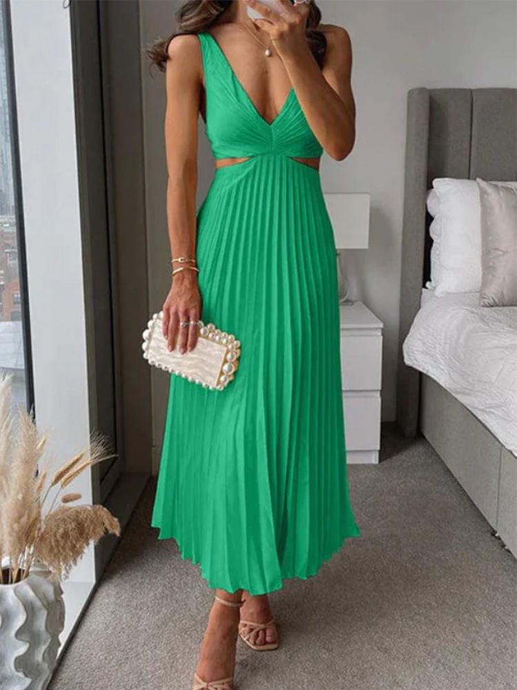 Elegant Women's V-neck Sexy Hollow Out Backless Pleated Dress Summer Fashion Yellow Sleeveless Party Beach Style Maxi Vestidos