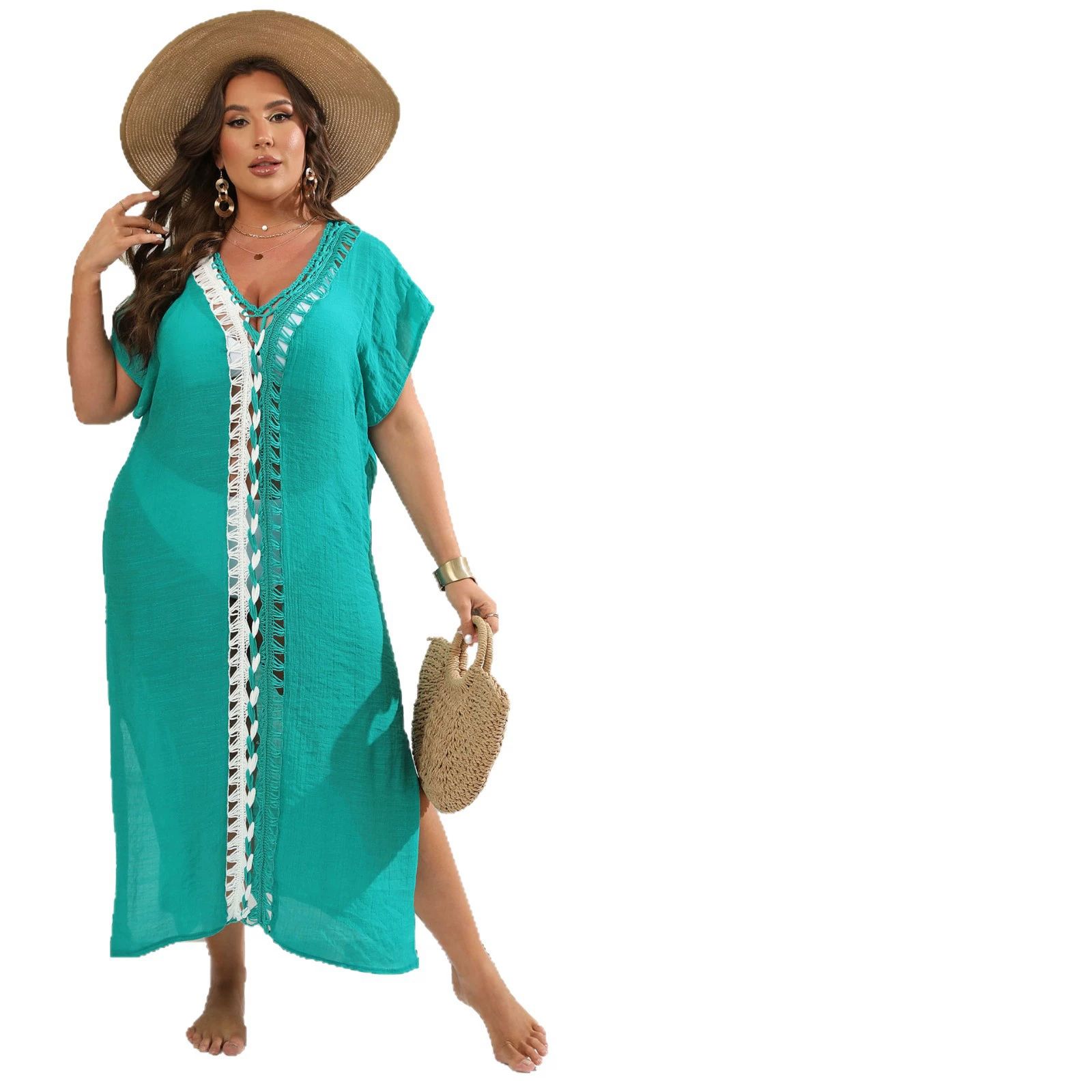 Beach Dress Women Long Dresses V Neck Hollow Out Patchwork Short Sleeves Side Split Maxi Gown Female Summer