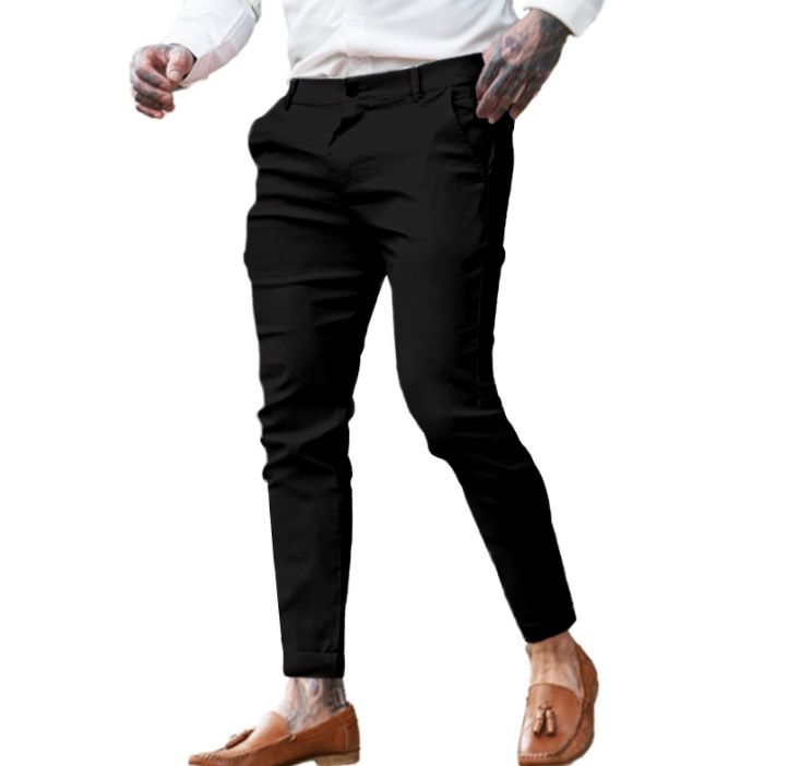 Men Elegant Skinny Basic Pencil Pants Solid White Black Ankle-Length Trousers Mens Fashion Zipper Pocket Sweatpants New