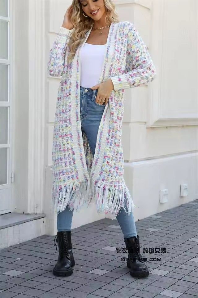 Women Colorful Cardigan Long Sleeve Knitted Open Front Loose Warm Sweater Coat with Tassel Floor Length Autumn Winter Jackets