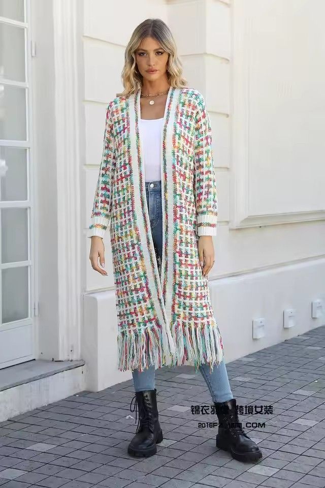 Women Colorful Cardigan Long Sleeve Knitted Open Front Loose Warm Sweater Coat with Tassel Floor Length Autumn Winter Jackets