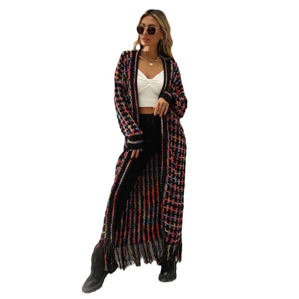 Women Colorful Cardigan Long Sleeve Knitted Open Front Loose Warm Sweater Coat with Tassel Floor Length Autumn Winter Jackets