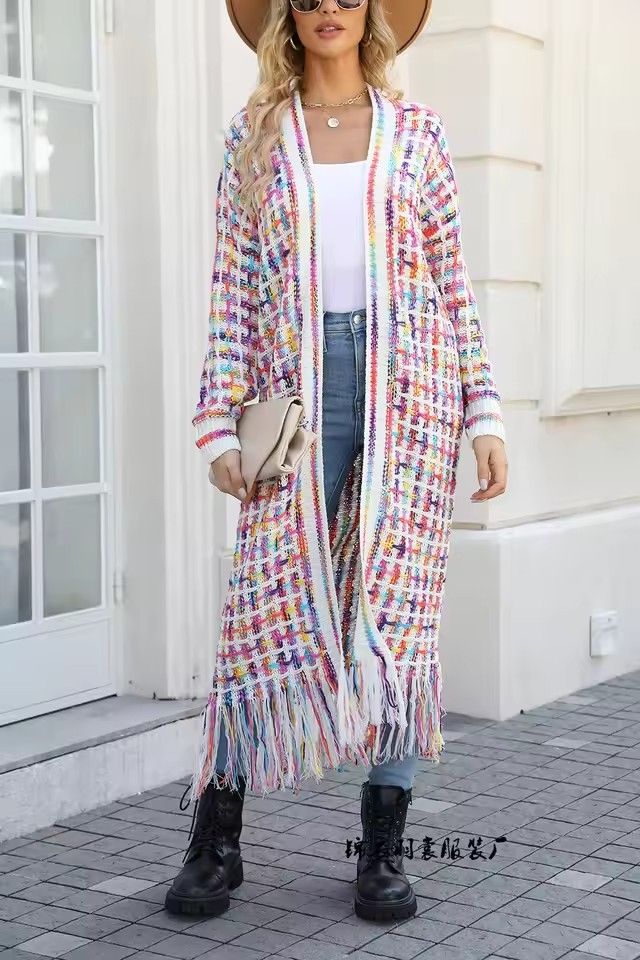 Women Colorful Cardigan Long Sleeve Knitted Open Front Loose Warm Sweater Coat with Tassel Floor Length Autumn Winter Jackets