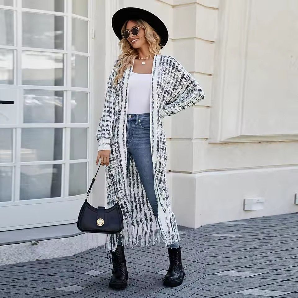 Women Colorful Cardigan Long Sleeve Knitted Open Front Loose Warm Sweater Coat with Tassel Floor Length Autumn Winter Jackets