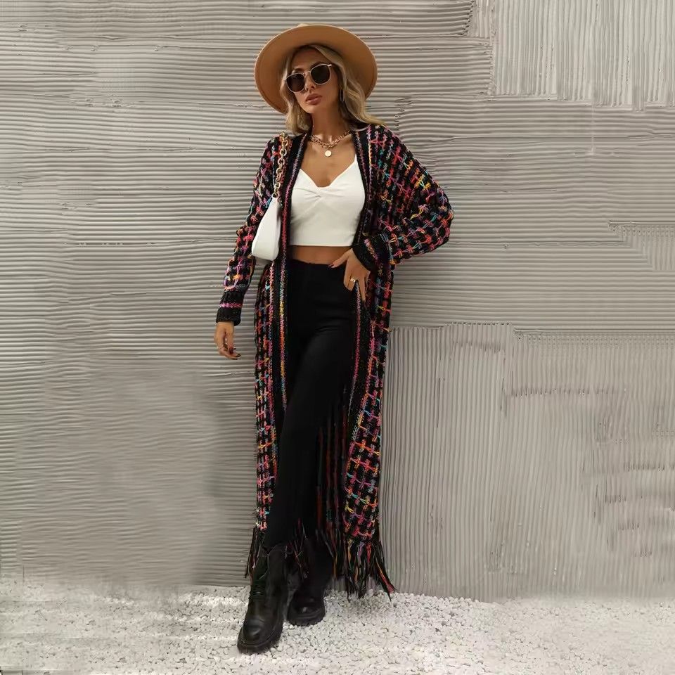 Women Colorful Cardigan Long Sleeve Knitted Open Front Loose Warm Sweater Coat with Tassel Floor Length Autumn Winter Jackets