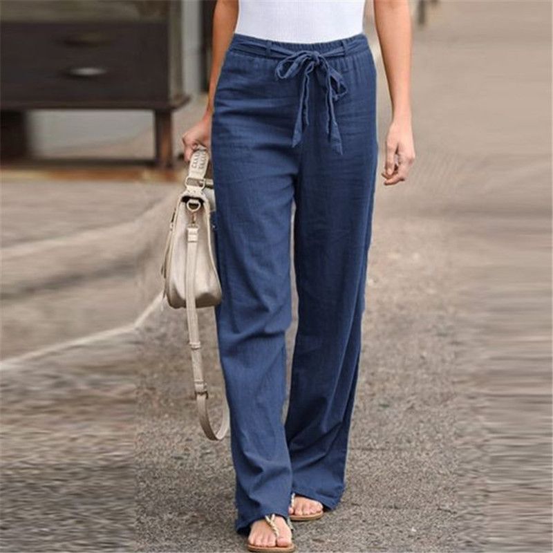 Loose Cotton Linen Wide Leg Pants Women's Summer Elastic Waist Solid Color Trousers Comfortable Long Trousers Fashionable
