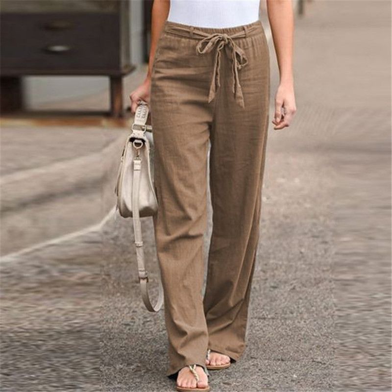 Loose Cotton Linen Wide Leg Pants Women's Summer Elastic Waist Solid Color Trousers Comfortable Long Trousers Fashionable