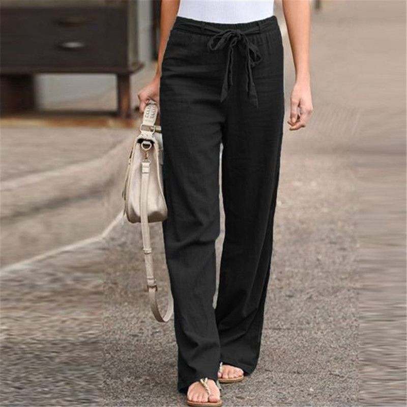 Loose Cotton Linen Wide Leg Pants Women's Summer Elastic Waist Solid Color Trousers Comfortable Long Trousers Fashionable