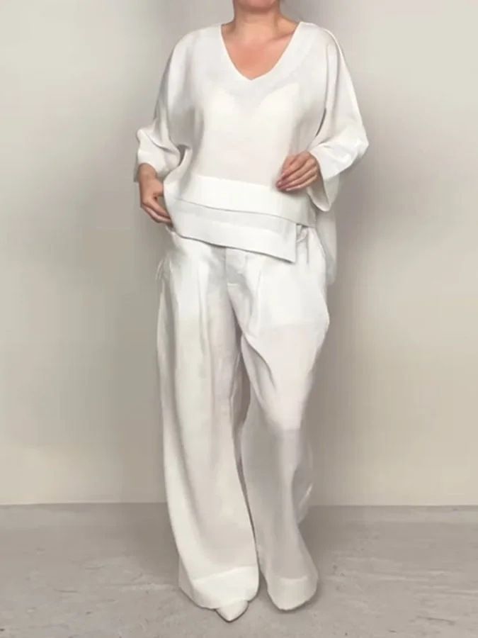 Women Casual Loose Irregular Cotton Linen Top Suit Spring Autumn New Fashion Pocket Wide-leg Pants Ladies Office 2 Piece Set