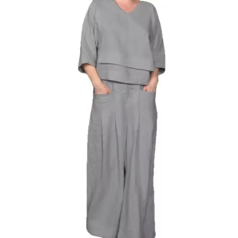 Women Casual Loose Irregular Cotton Linen Top Suit Spring Autumn New Fashion Pocket Wide-leg Pants Ladies Office 2 Piece Set