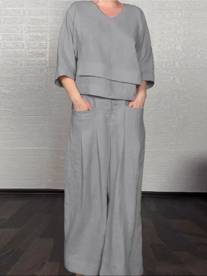 Women Casual Loose Irregular Cotton Linen Top Suit Spring Autumn New Fashion Pocket Wide-leg Pants Ladies Office 2 Piece Set