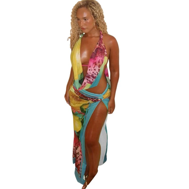 Sexy Colorful Leopard Women 2Piece Set Beach Vacation Halter Tank Tops+Wrapped Maxi Skirts Matching Vacation Clubwear