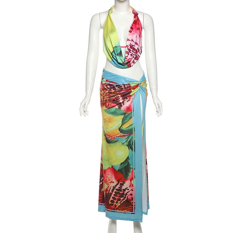 Sexy Colorful Leopard Women 2Piece Set Beach Vacation Halter Tank Tops+Wrapped Maxi Skirts Matching Vacation Clubwear