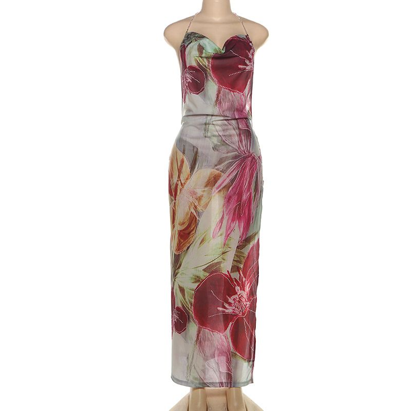 Floral Print Women Dress Sexy Trend Strapless Backless Split Sheer Maxi Bodycon Mujer Stunning Holiday Vestidos
