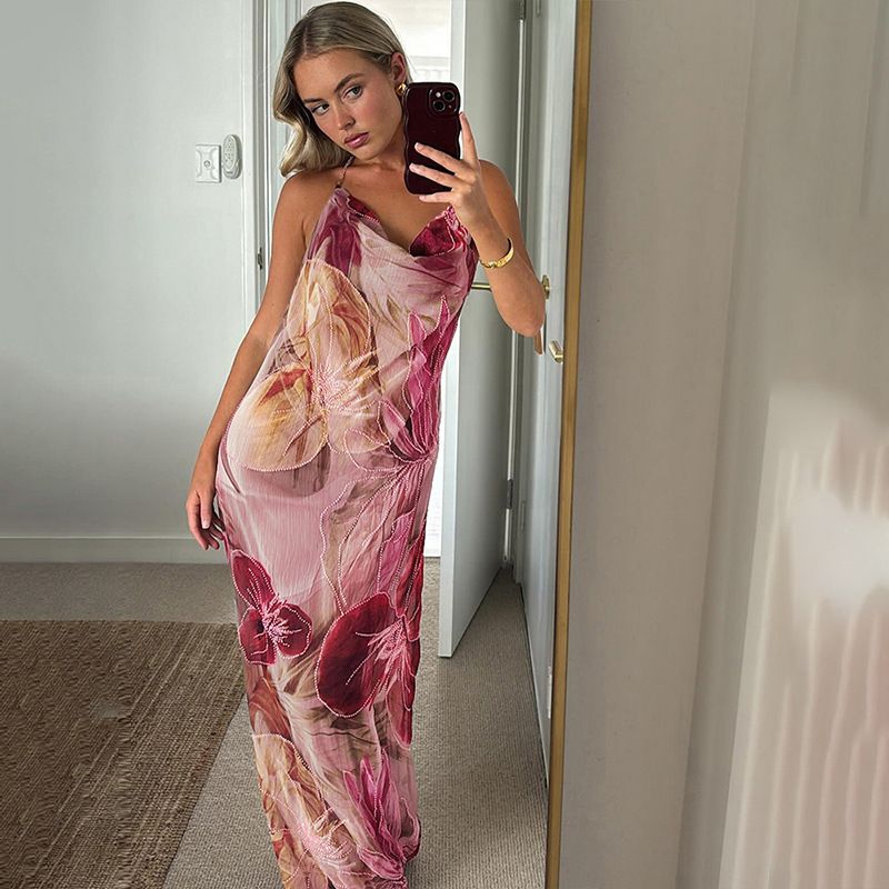 Floral Print Women Dress Sexy Trend Strapless Backless Split Sheer Maxi Bodycon Mujer Stunning Holiday Vestidos