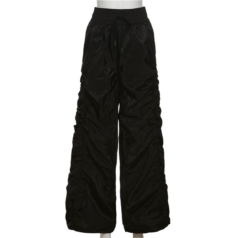 Loose Trousers Women Hipster Solid High Waist Elastic Bandage Pockets Wide Leg Pants Female Moto Attirewear Bottoms