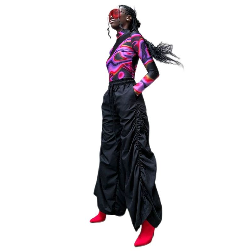 Loose Trousers Women Hipster Solid High Waist Elastic Bandage Pockets Wide Leg Pants Female Moto Attirewear Bottoms