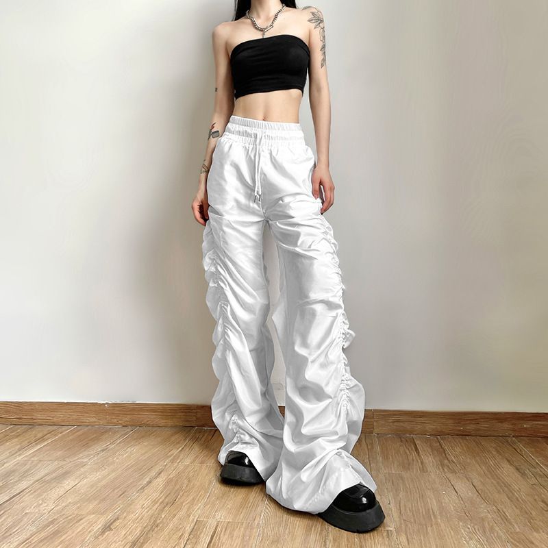 Loose Trousers Women Hipster Solid High Waist Elastic Bandage Pockets Wide Leg Pants Female Moto Attirewear Bottoms