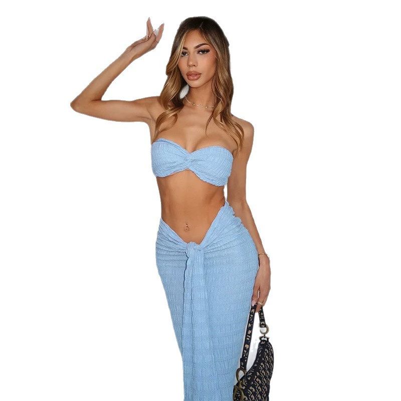 Elegant Matching 2 Piece Set Summer Shirring Strapless Tanks+Ribbons Maxi Skirt Classic Solid Mujer Festival Outfits