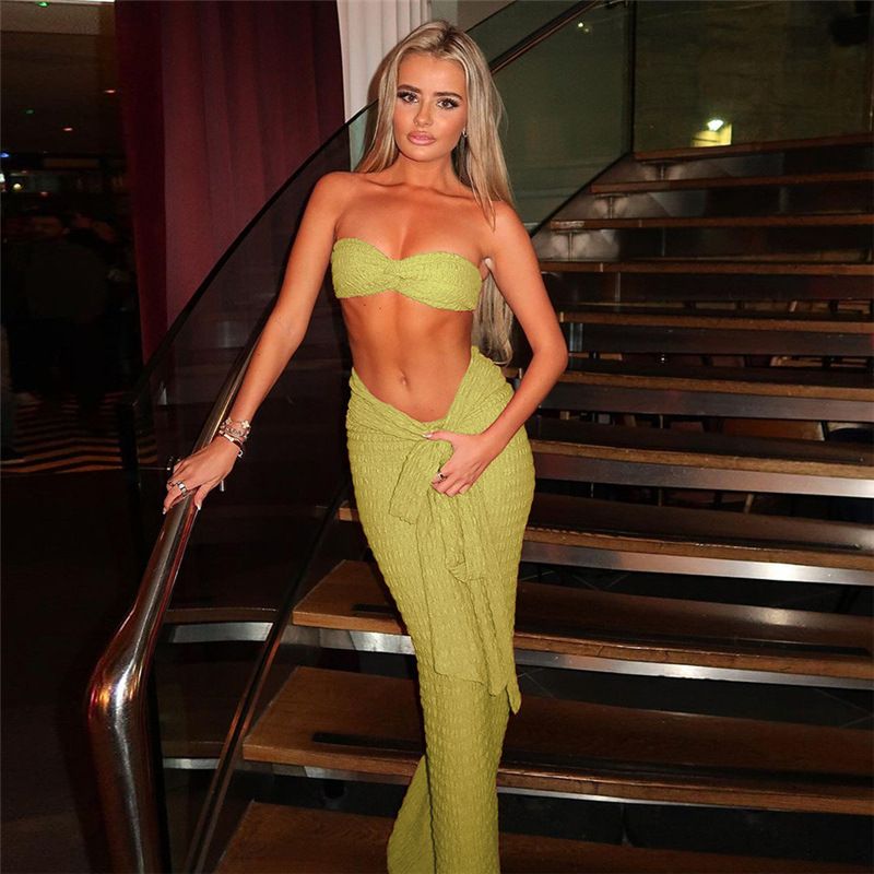 Elegant Matching 2 Piece Set Summer Shirring Strapless Tanks+Ribbons Maxi Skirt Classic Solid Mujer Festival Outfits