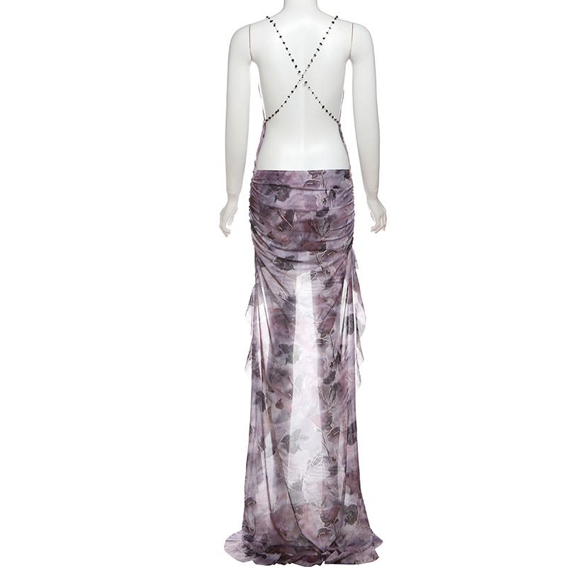 Senior Printed Dress Chic Spaghetti Strap Backless Cross Irregular Swinging V-neck Maxi Vestidos Mujer Coquette Robe