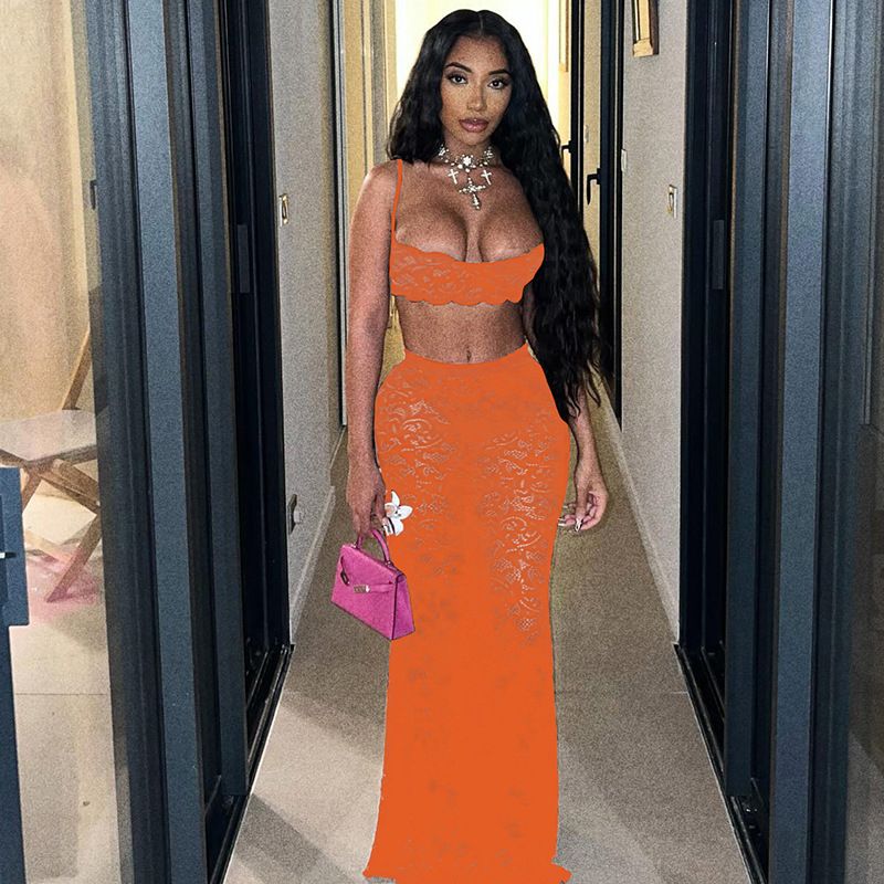 Elegant Women Set Lace See Through Bodycon Long Skirt Suit and Crop Strap Top Beach Sexy Two 2 Piece Set Outfits