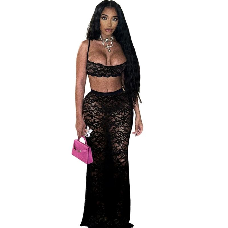 Elegant Women Set Lace See Through Bodycon Long Skirt Suit and Crop Strap Top Beach Sexy Two 2 Piece Set Outfits