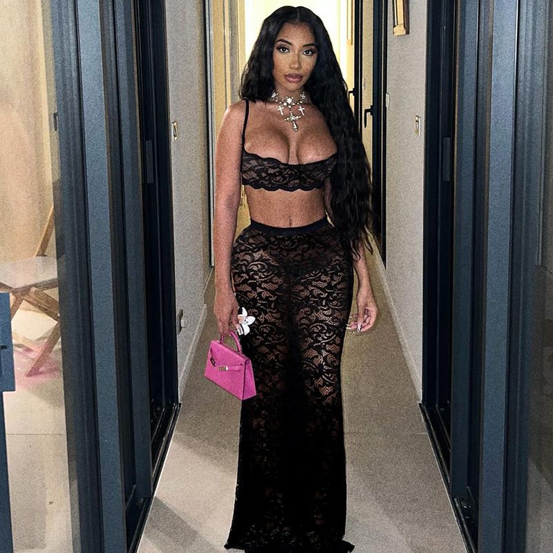Elegant Women Set Lace See Through Bodycon Long Skirt Suit and Crop Strap Top Beach Sexy Two 2 Piece Set Outfits