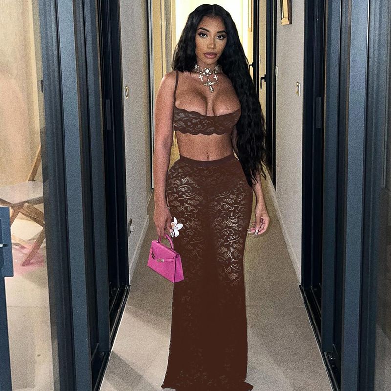 Elegant Women Set Lace See Through Bodycon Long Skirt Suit and Crop Strap Top Beach Sexy Two 2 Piece Set Outfits