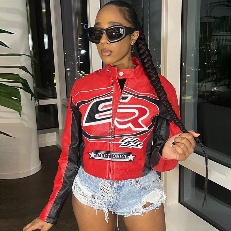 Letter Embroidery Color Patchwork PU Leather Jackets for Women Stand Collor Long Sleeve Zip-up Fashion Casual Coats Crop Tops