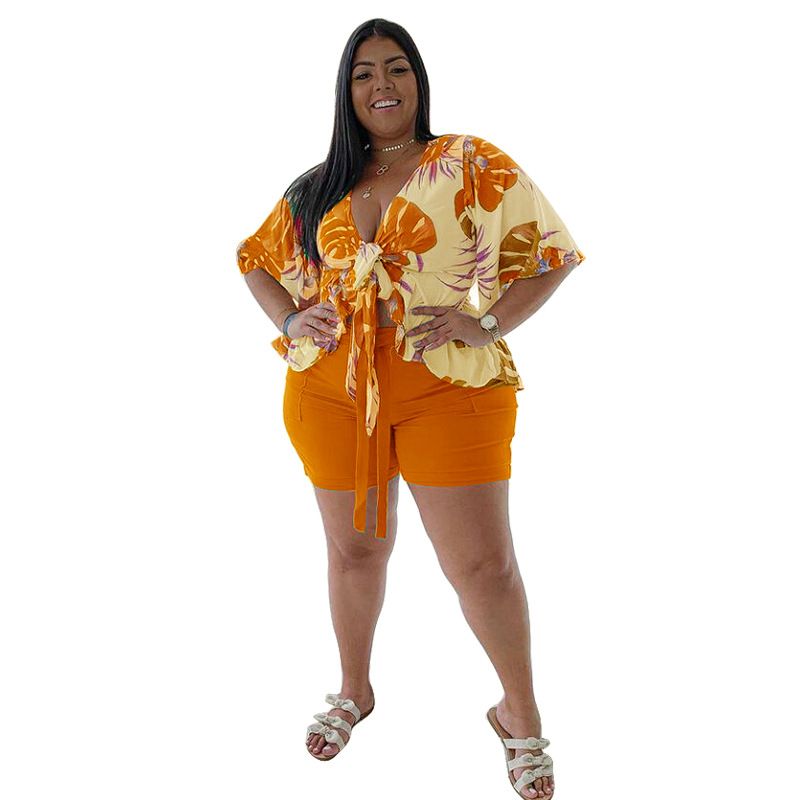 Plus Size Two Piece Set Women Summer Flowers Print Crop Top Short Sets Beach Style Matching Set Women's Clothing