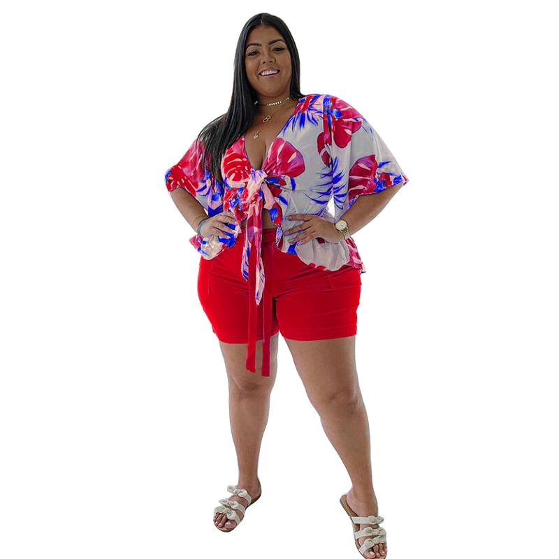 Plus Size Two Piece Set Women Summer Flowers Print Crop Top Short Sets Beach Style Matching Set Women's Clothing