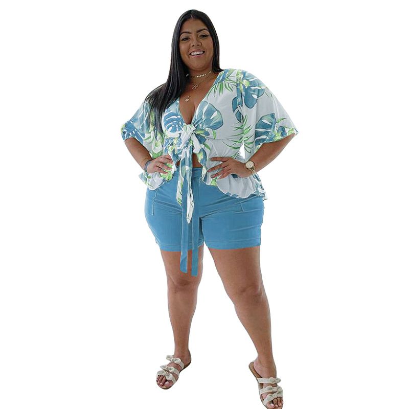Plus Size Two Piece Set Women Summer Flowers Print Crop Top Short Sets Beach Style Matching Set Women's Clothing