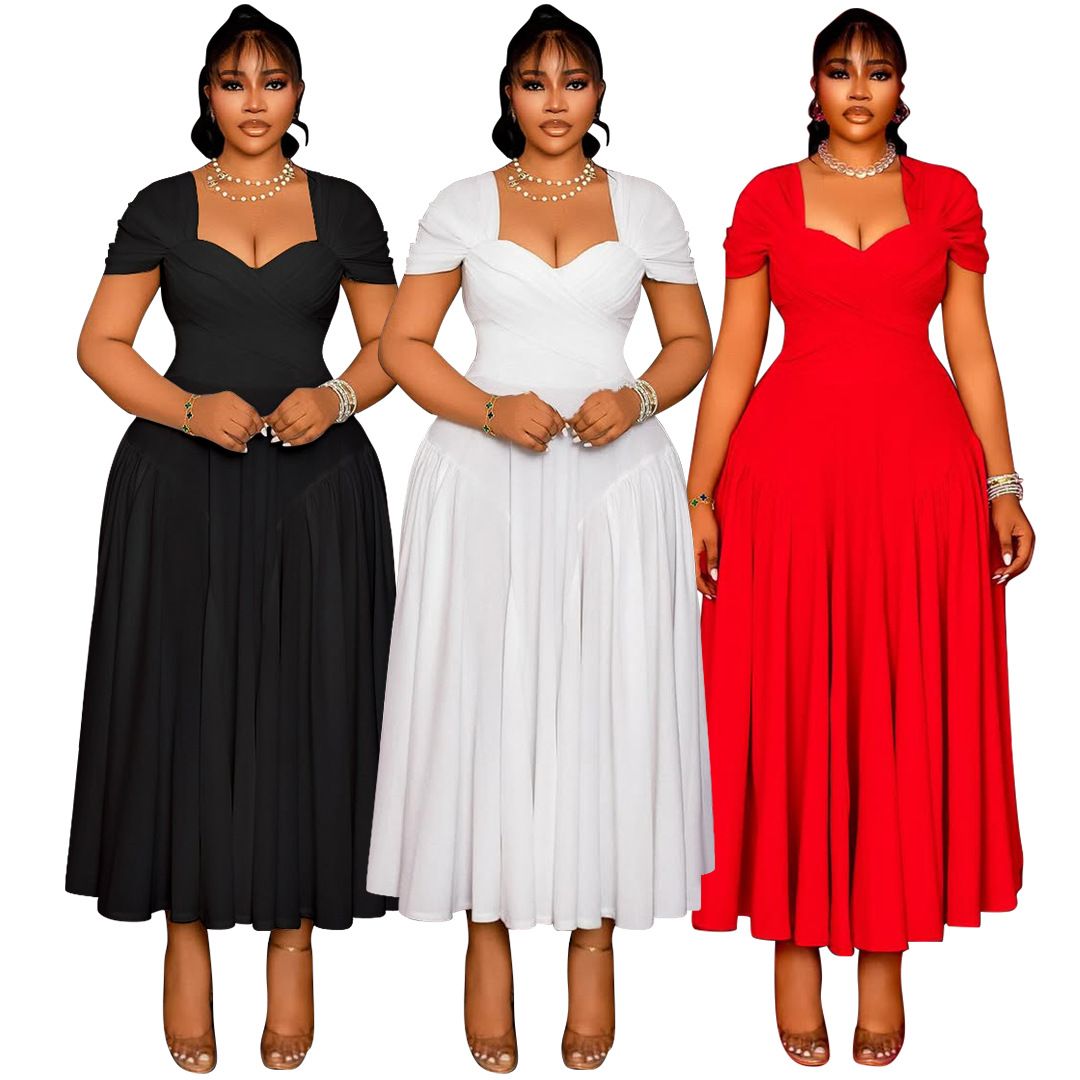 XL-5XL Plus Size Dresses for Women Summer African Short Sleeve Polyester Pleated Long Maxi Dress Dashiki Africa Clothing