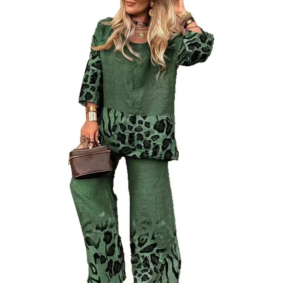 Fashion Leopard Print Set Lady Casual O Neck Three Quarter Tops+Wide Leg Pants Pieces Set For Woman Holiday Womens Clothing Two-Piece Outfits