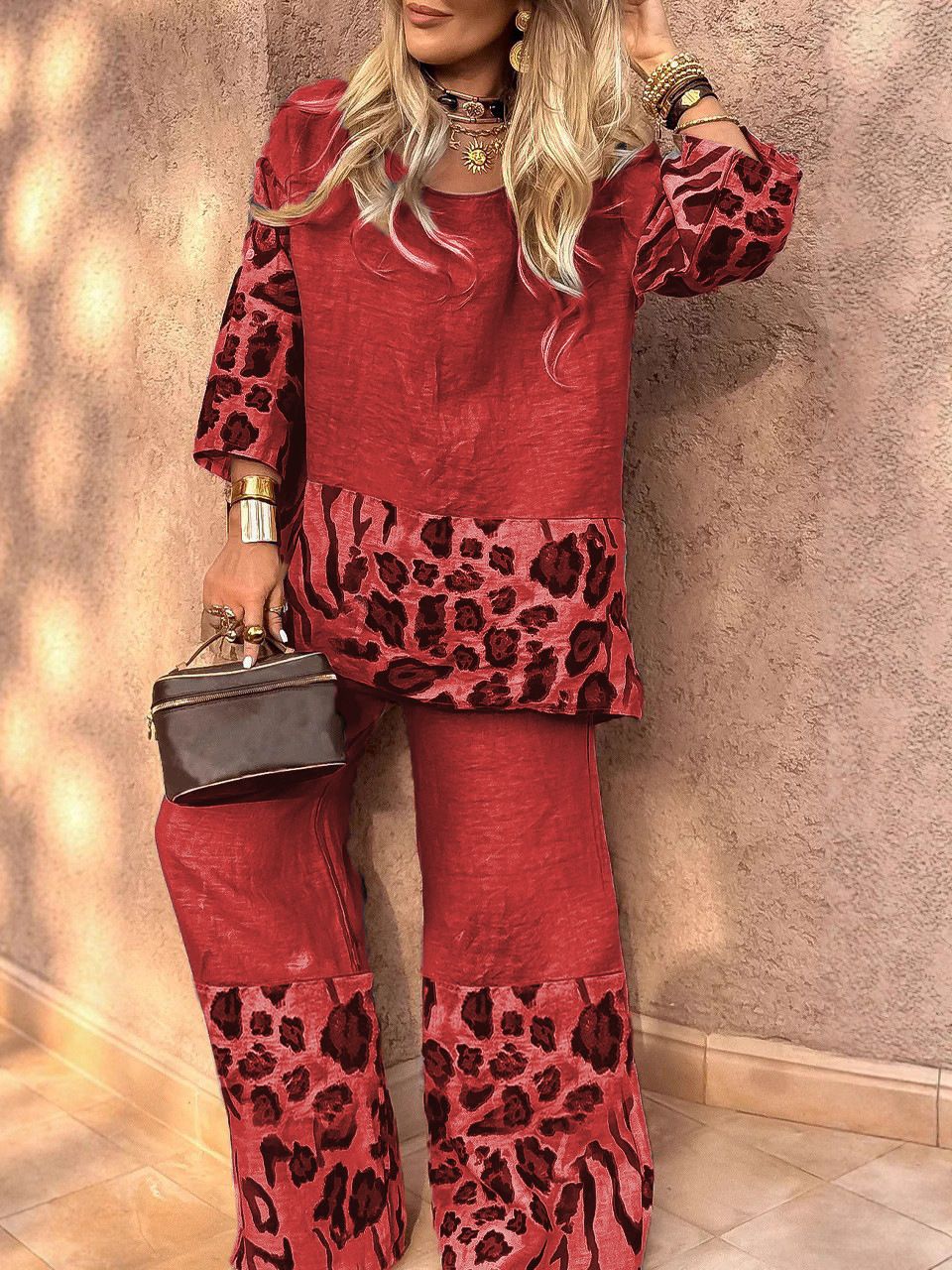 Fashion Leopard Print Set Lady Casual O Neck Three Quarter Tops+Wide Leg Pants Pieces Set For Woman Holiday Womens Clothing Two-Piece Outfits