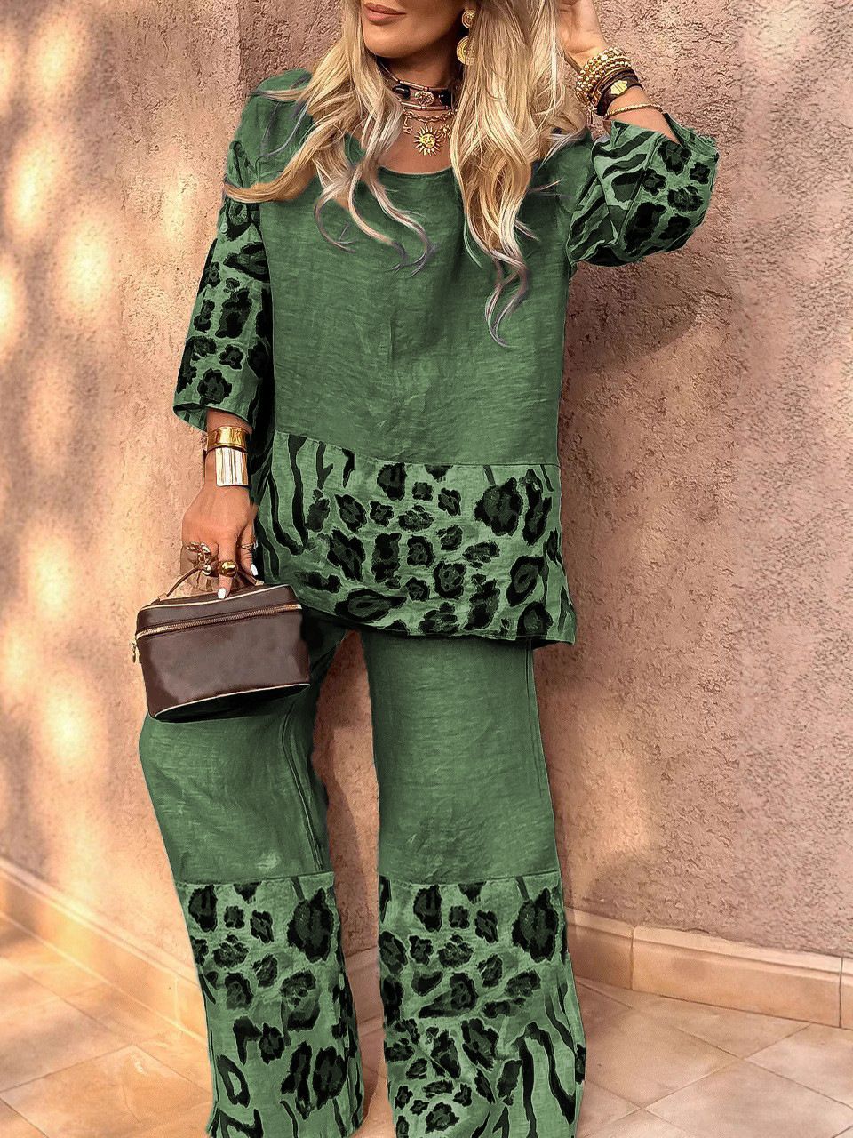 Fashion Leopard Print Set Lady Casual O Neck Three Quarter Tops+Wide Leg Pants Pieces Set For Woman Holiday Womens Clothing Two-Piece Outfits
